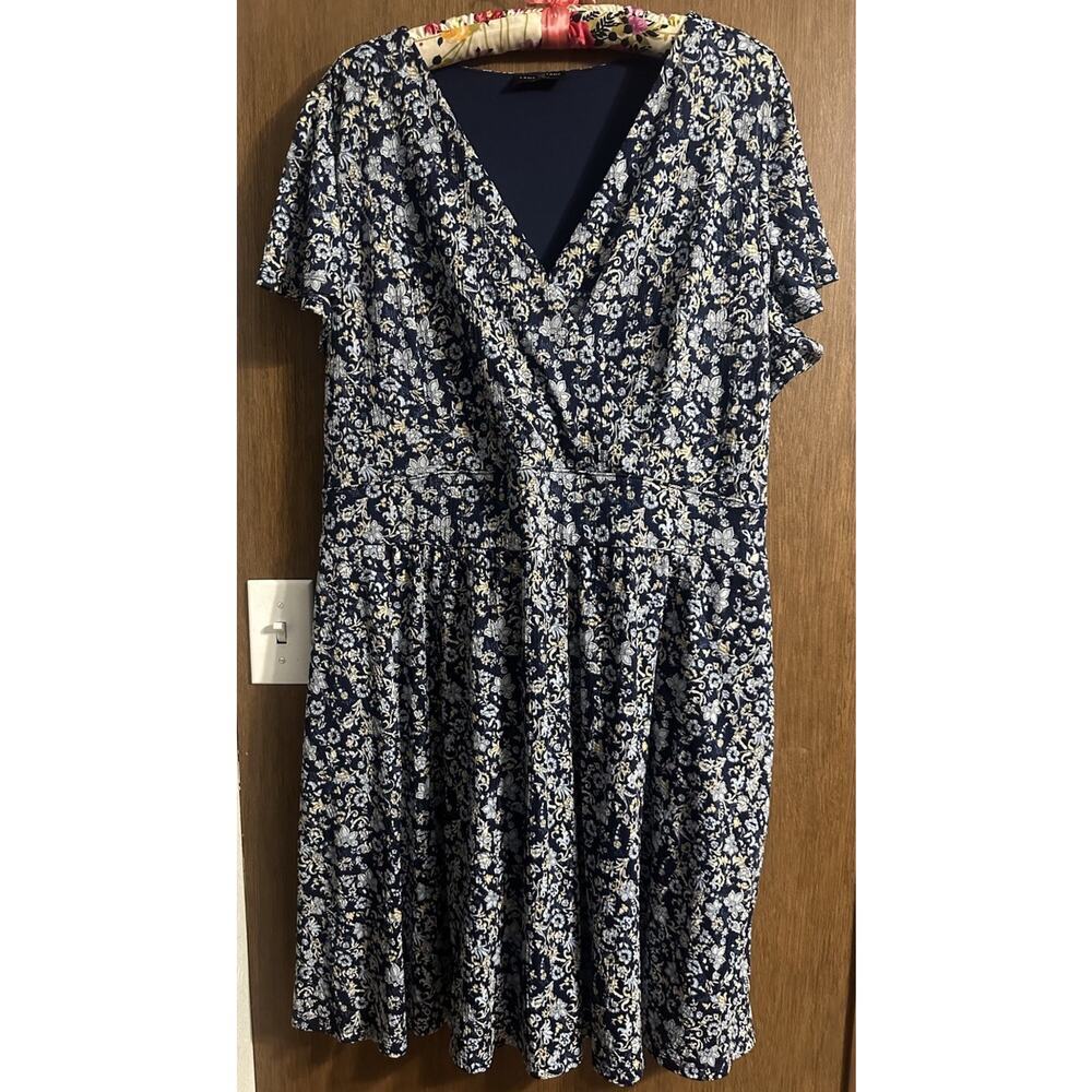 Lane Bryant 22/24 plus floral midi dress vneck blue lined summer office wedding